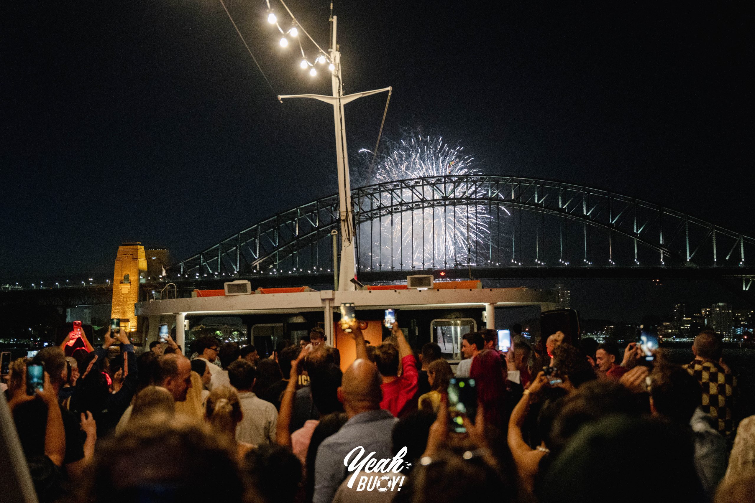 Harbour party crowd watching fireworks at night