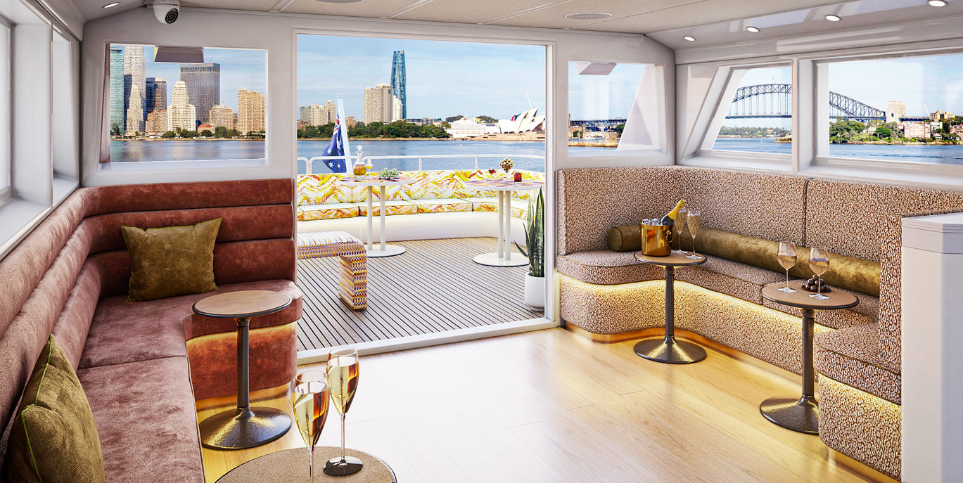 Luxury yacht interior with panoramic harbour views