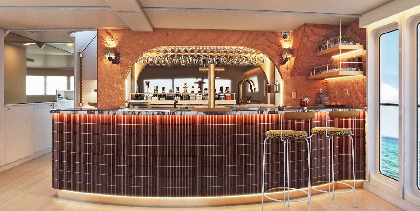 Elegant yacht bar and dining area interior
