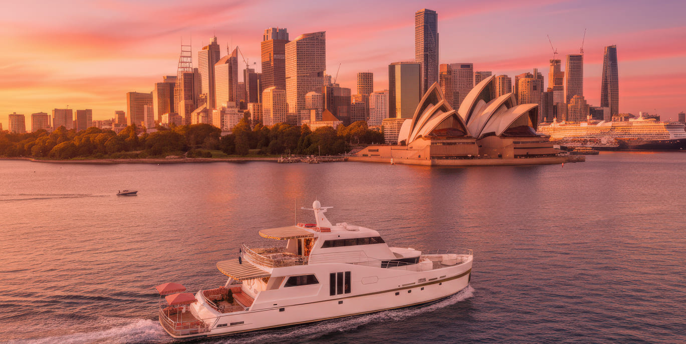 Luxury yacht cruising past the Sydney skyline at sunset