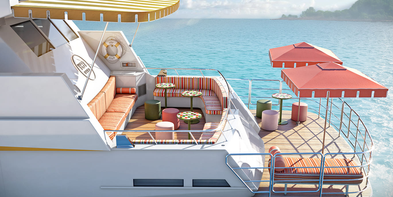 Luxury yacht deck with lounge seating and ocean views