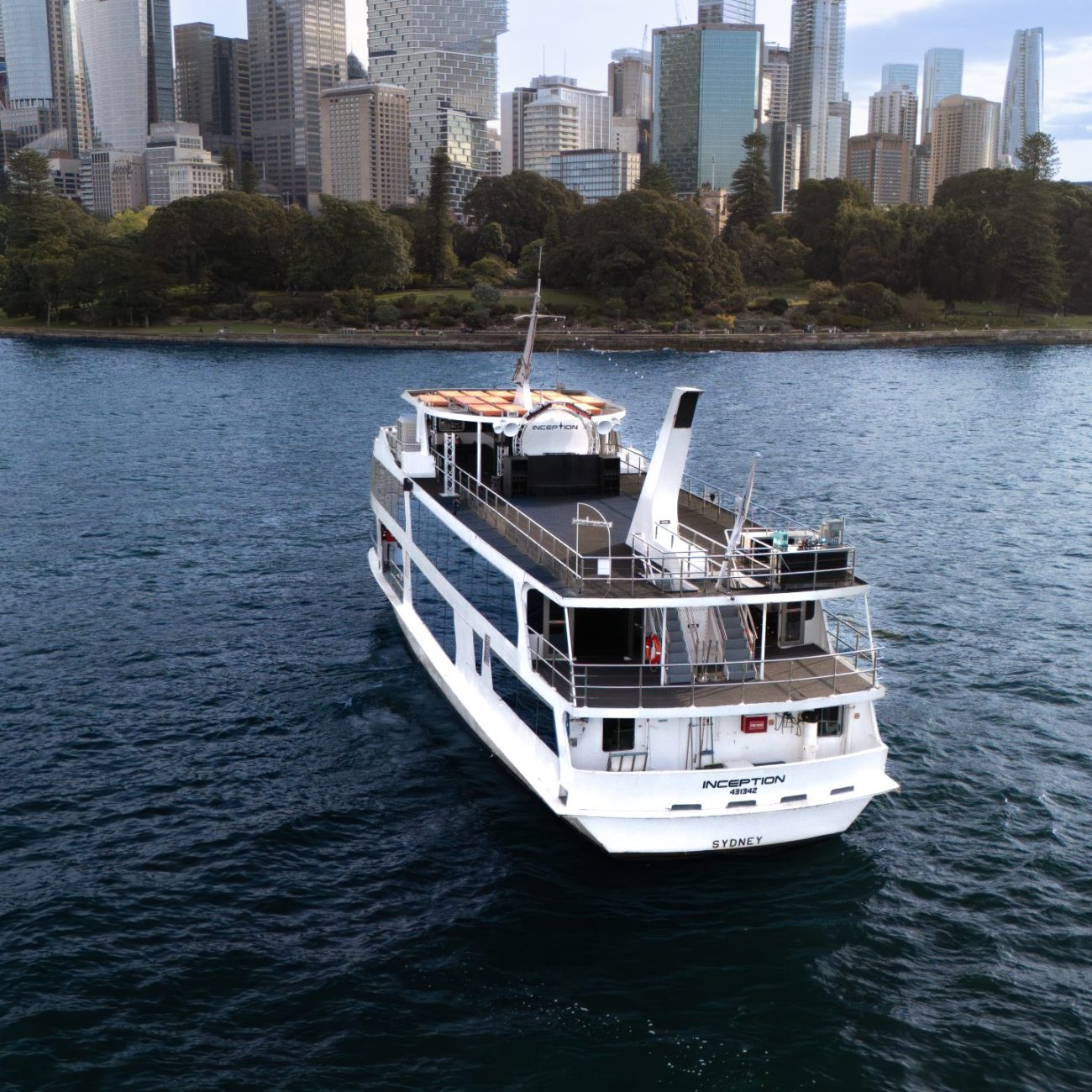 Aerial view of a luxury cruise boat on the water